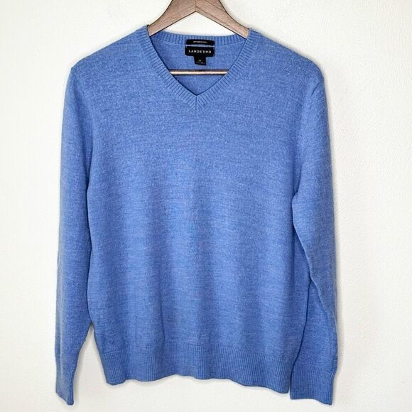 Lands’ End V-Neck Merino Wool Blue Sweater - Men’s US M - Picture 1 of 7